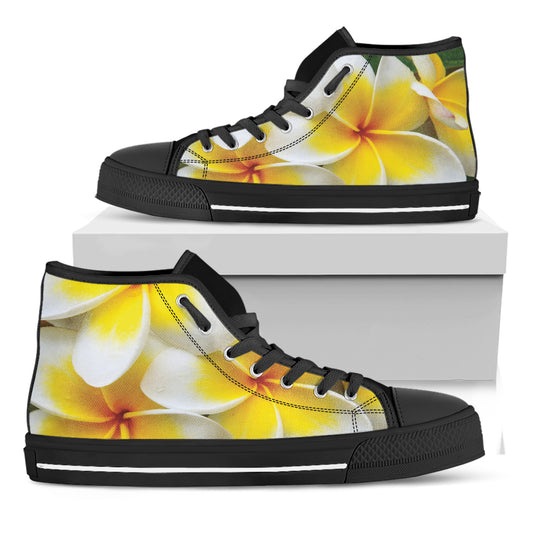 White And Yellow Plumeria Flower Print Black High Top Shoes