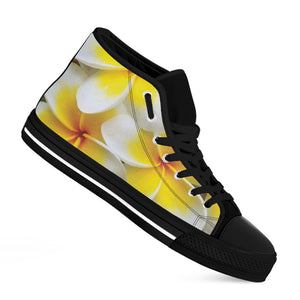 White And Yellow Plumeria Flower Print Black High Top Shoes