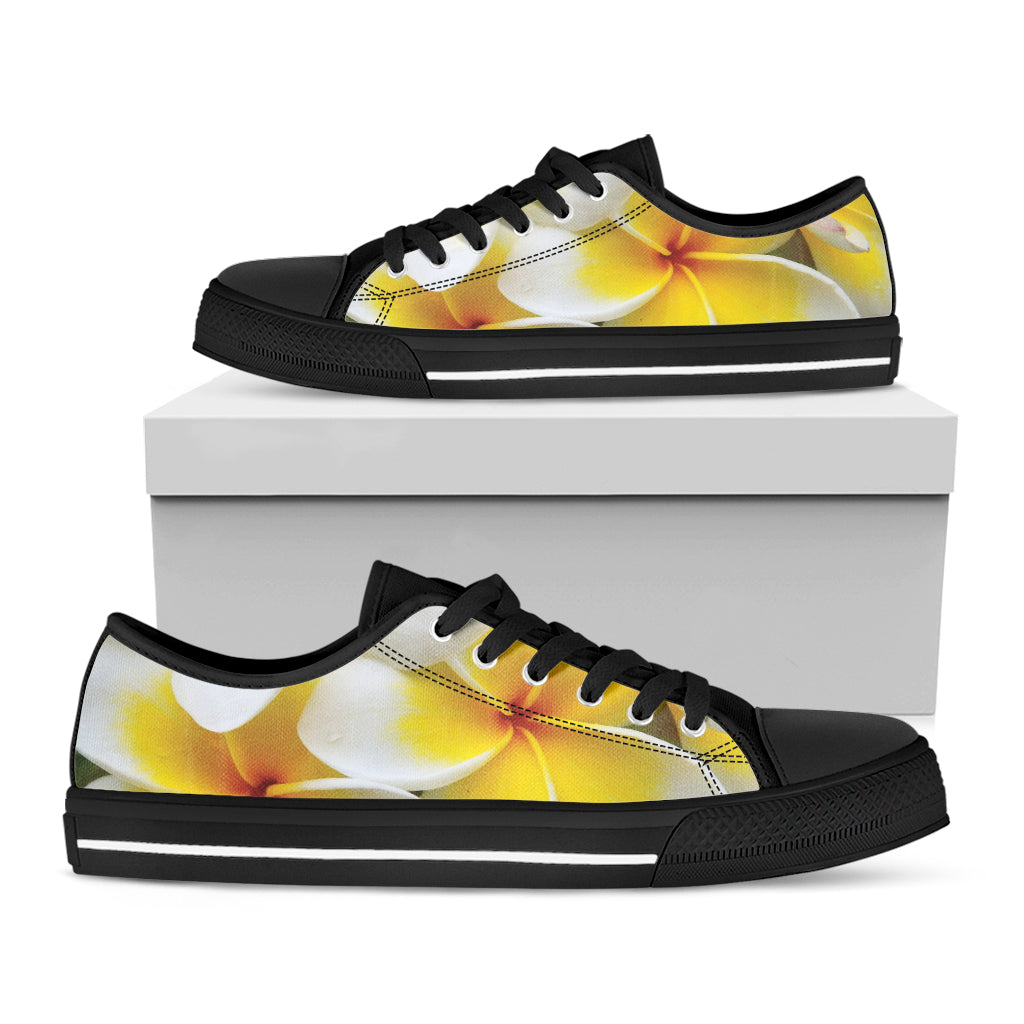 White And Yellow Plumeria Flower Print Black Low Top Shoes