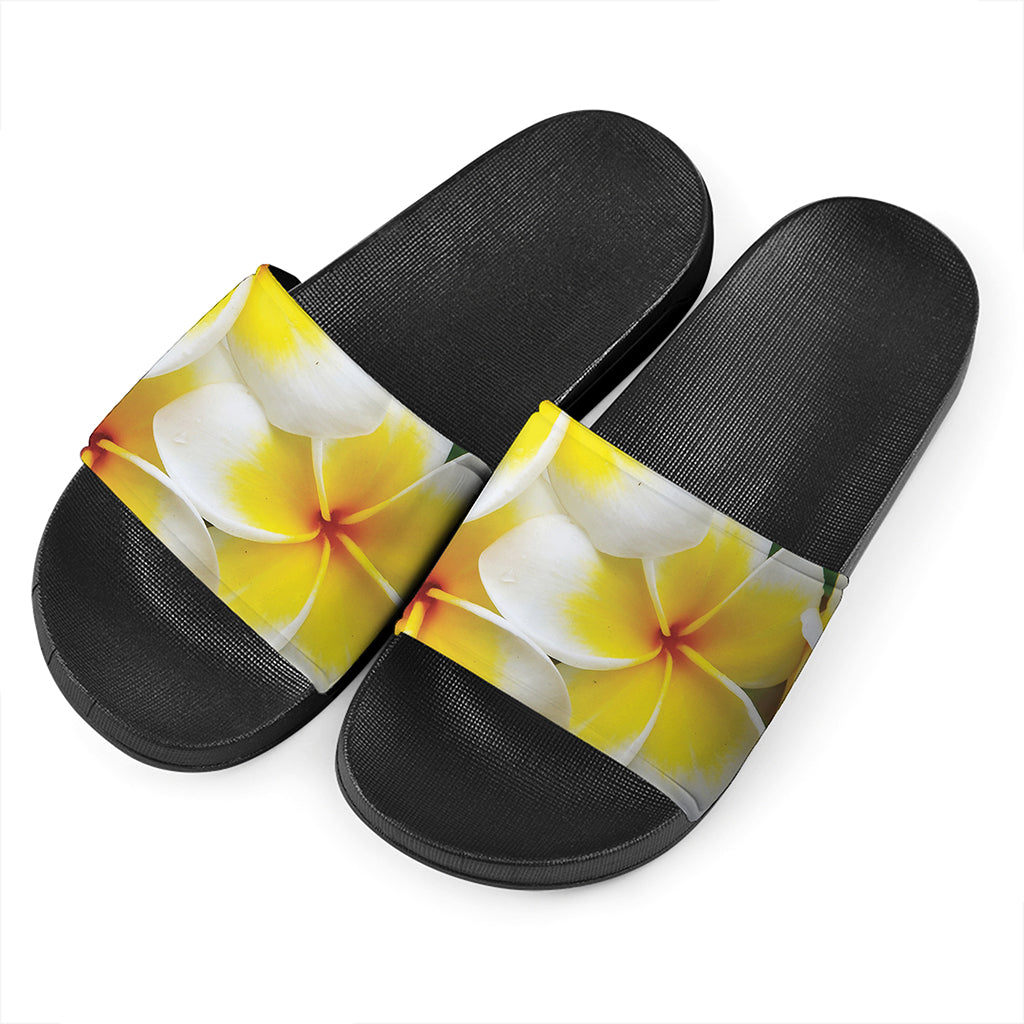 White And Yellow Plumeria Flower Print Black Slide Sandals