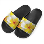 White And Yellow Plumeria Flower Print Black Slide Sandals