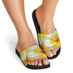 White And Yellow Plumeria Flower Print Black Slide Sandals