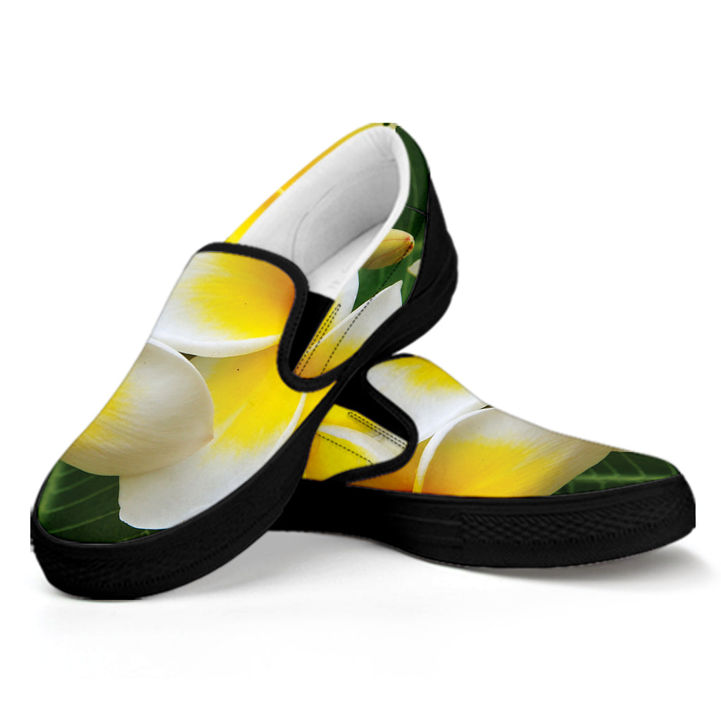 White And Yellow Plumeria Flower Print Black Slip On Shoes