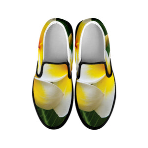 White And Yellow Plumeria Flower Print Black Slip On Shoes