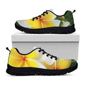 White And Yellow Plumeria Flower Print Black Sneakers