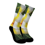 White And Yellow Plumeria Flower Print Crew Socks