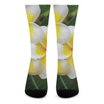 White And Yellow Plumeria Flower Print Crew Socks
