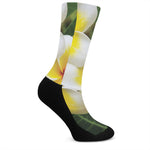 White And Yellow Plumeria Flower Print Crew Socks