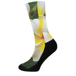 White And Yellow Plumeria Flower Print Crew Socks