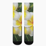 White And Yellow Plumeria Flower Print Crew Socks