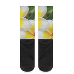 White And Yellow Plumeria Flower Print Crew Socks
