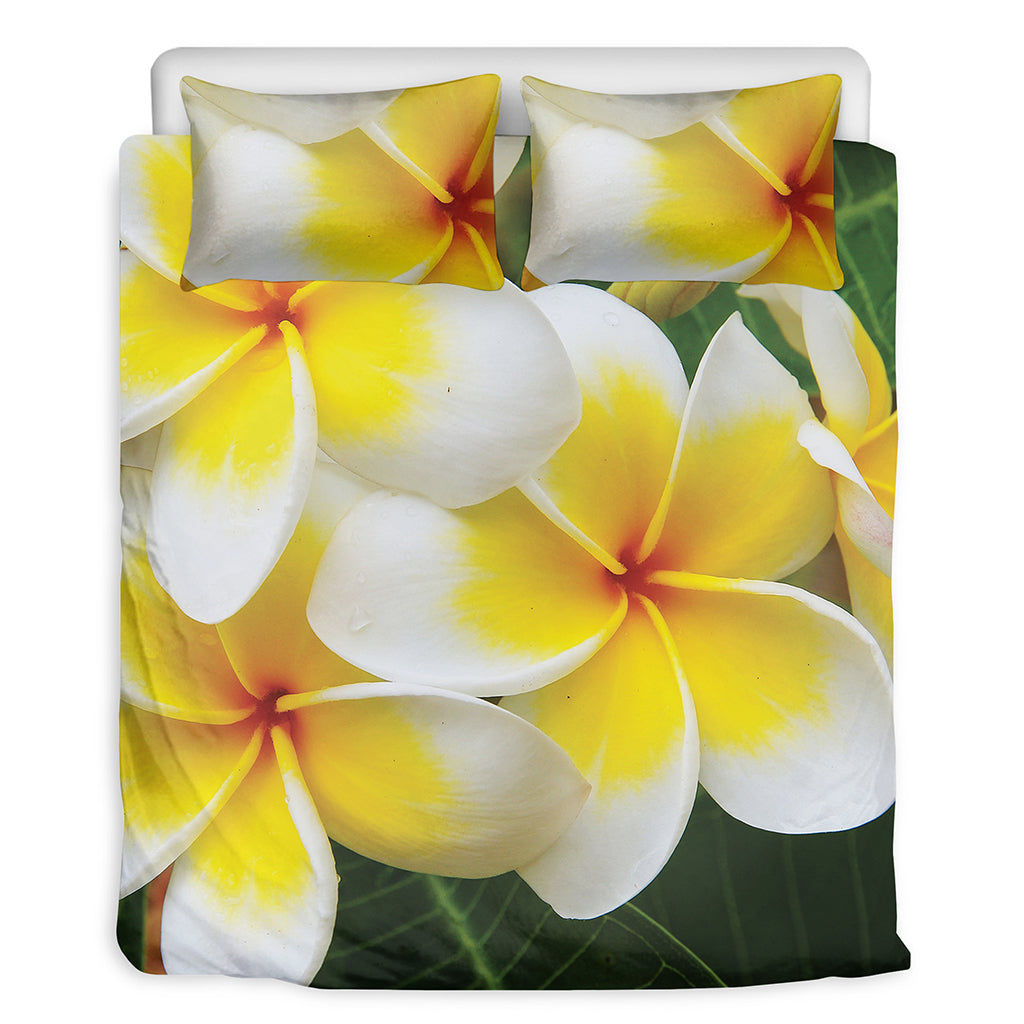 White And Yellow Plumeria Flower Print Duvet Cover Bedding Set