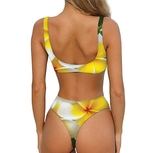 White And Yellow Plumeria Flower Print Front Bow Tie Bikini