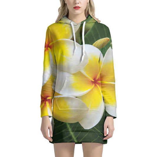 White And Yellow Plumeria Flower Print Hoodie Dress