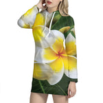 White And Yellow Plumeria Flower Print Hoodie Dress