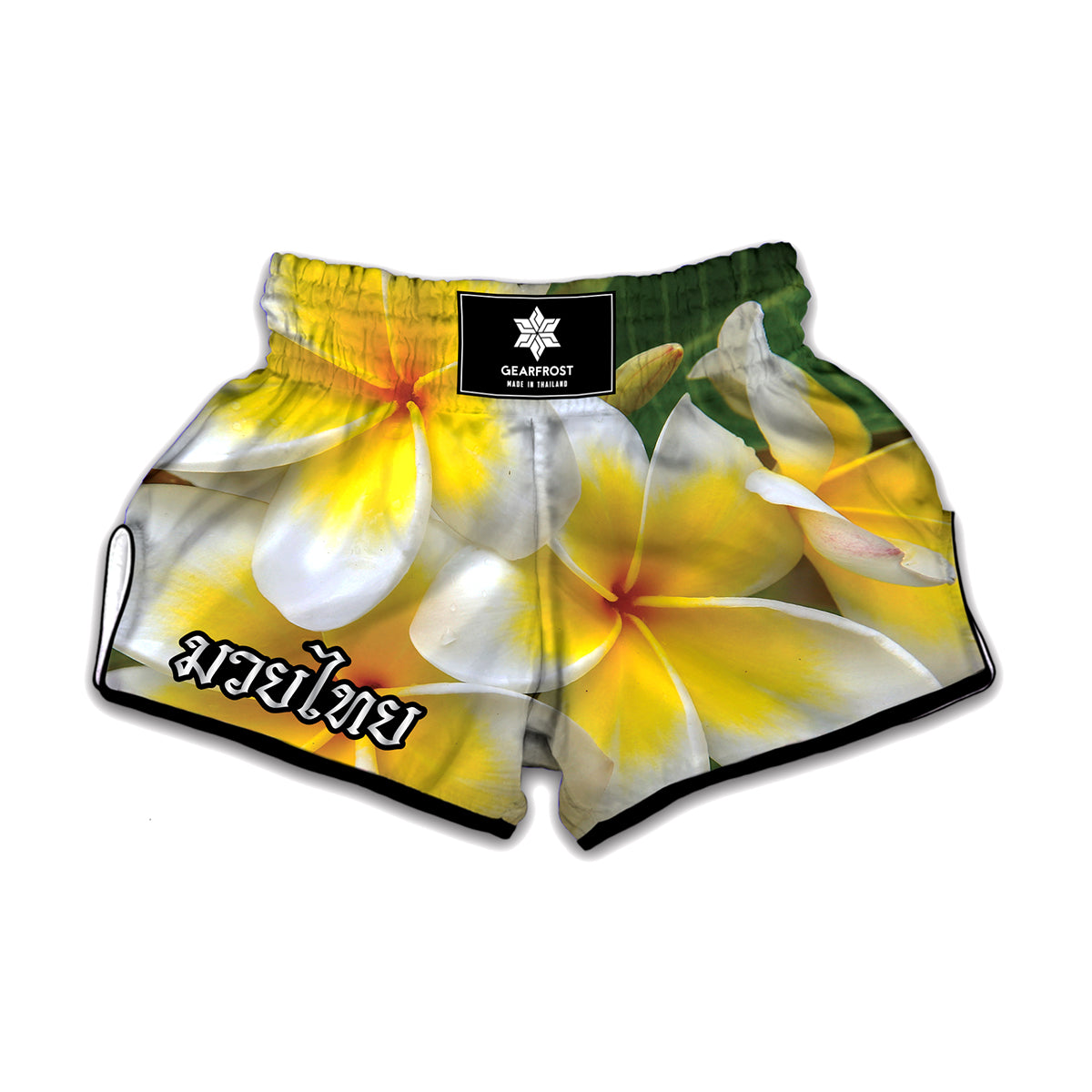 White And Yellow Plumeria Flower Print Muay Thai Boxing Shorts