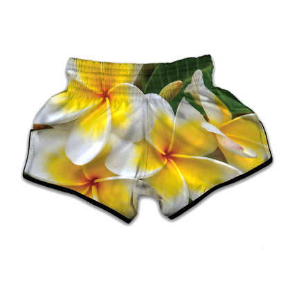 White And Yellow Plumeria Flower Print Muay Thai Boxing Shorts