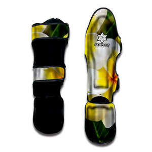 White And Yellow Plumeria Flower Print Muay Thai Shin Guard