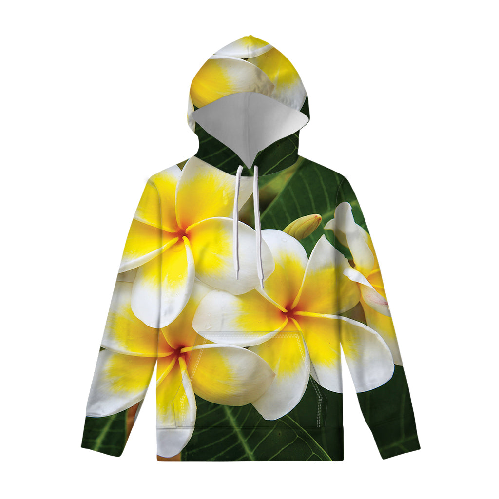White And Yellow Plumeria Flower Print Pullover Hoodie