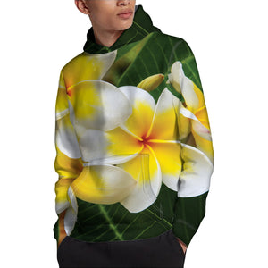 White And Yellow Plumeria Flower Print Pullover Hoodie