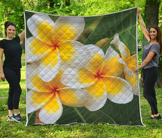 White And Yellow Plumeria Flower Print Quilt