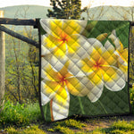 White And Yellow Plumeria Flower Print Quilt