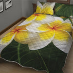 White And Yellow Plumeria Flower Print Quilt Bed Set