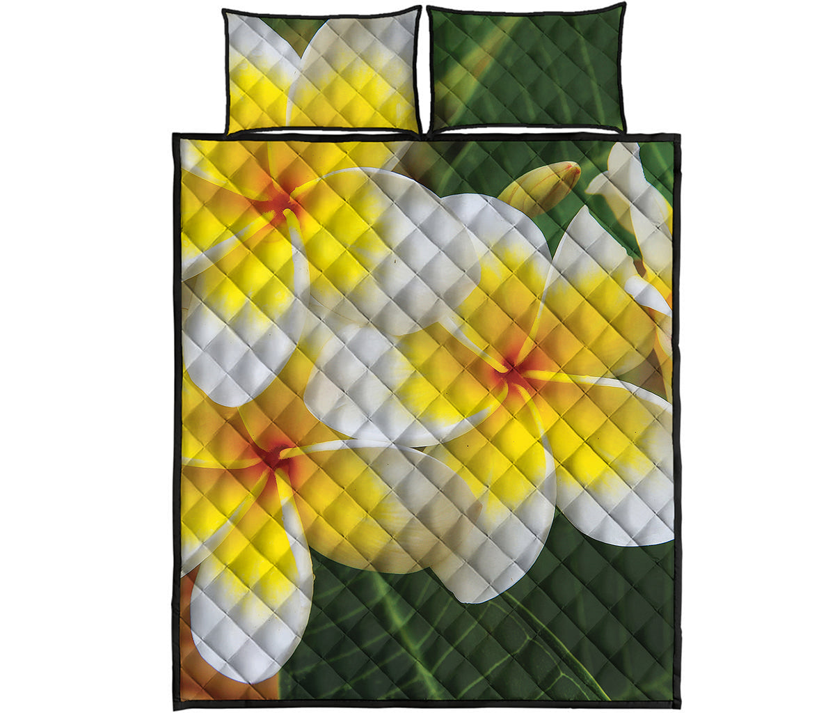 White And Yellow Plumeria Flower Print Quilt Bed Set