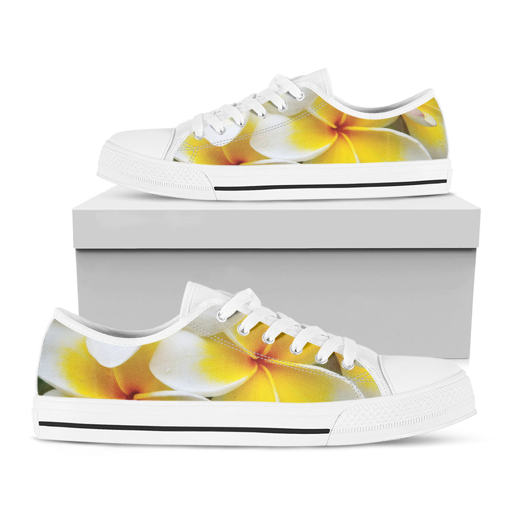 White And Yellow Plumeria Flower Print White Low Top Shoes