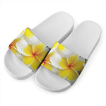 White And Yellow Plumeria Flower Print White Slide Sandals