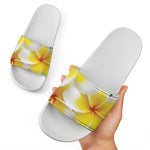 White And Yellow Plumeria Flower Print White Slide Sandals