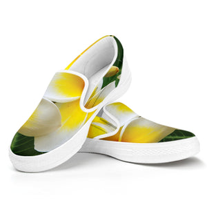 White And Yellow Plumeria Flower Print White Slip On Shoes