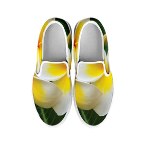 White And Yellow Plumeria Flower Print White Slip On Shoes