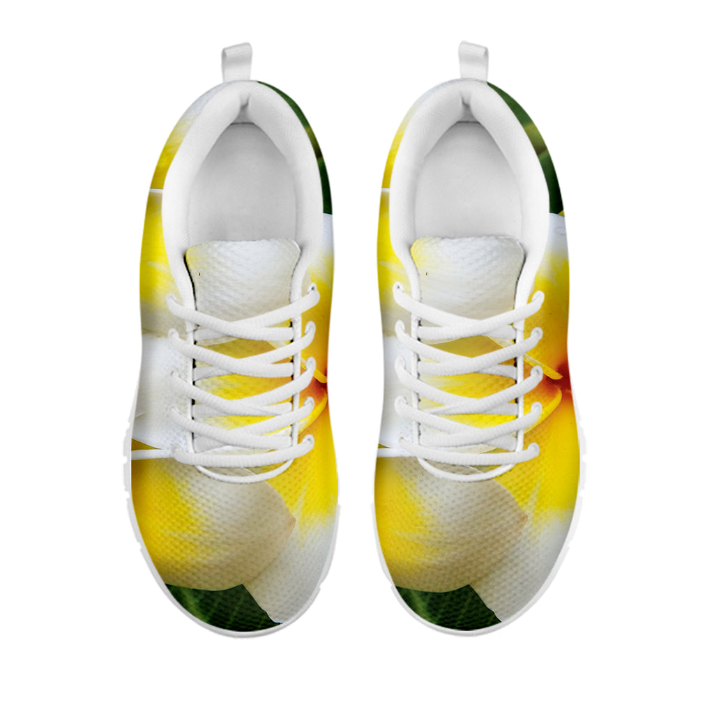 White And Yellow Plumeria Flower Print White Sneakers