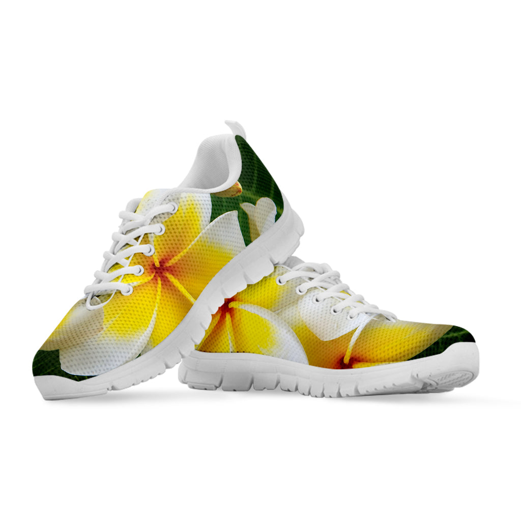 White And Yellow Plumeria Flower Print White Sneakers