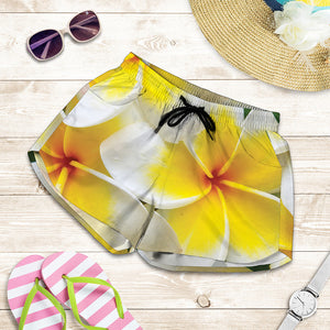 White And Yellow Plumeria Flower Print Women's Shorts