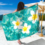 White And Yellow Plumeria In Water Print Beach Sarong Wrap