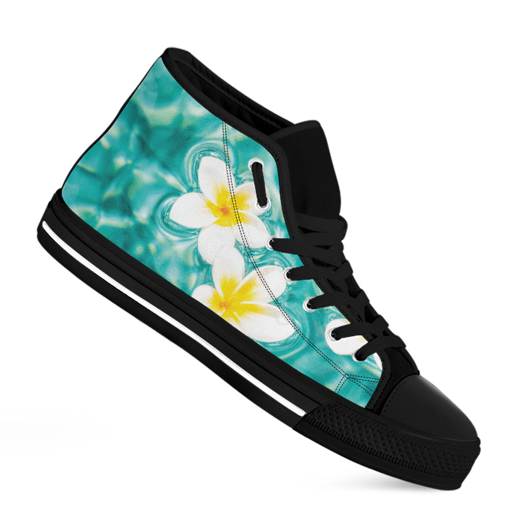 White And Yellow Plumeria In Water Print Black High Top Shoes