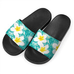 White And Yellow Plumeria In Water Print Black Slide Sandals