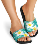 White And Yellow Plumeria In Water Print Black Slide Sandals