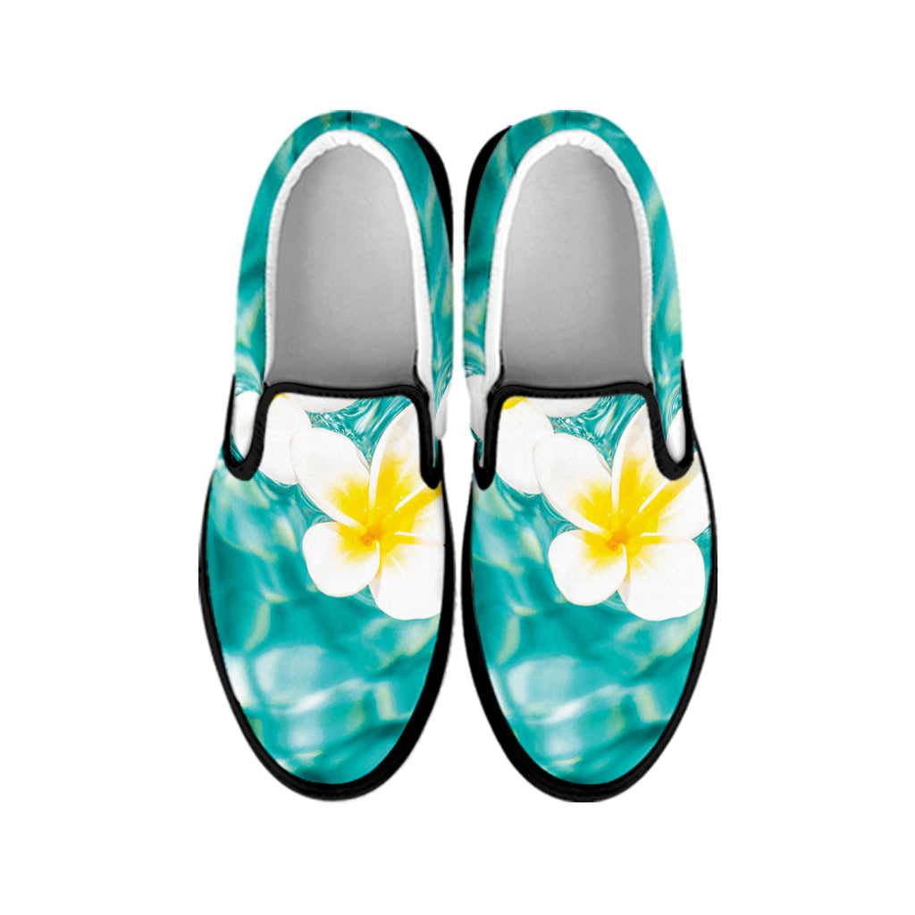 White And Yellow Plumeria In Water Print Black Slip On Shoes