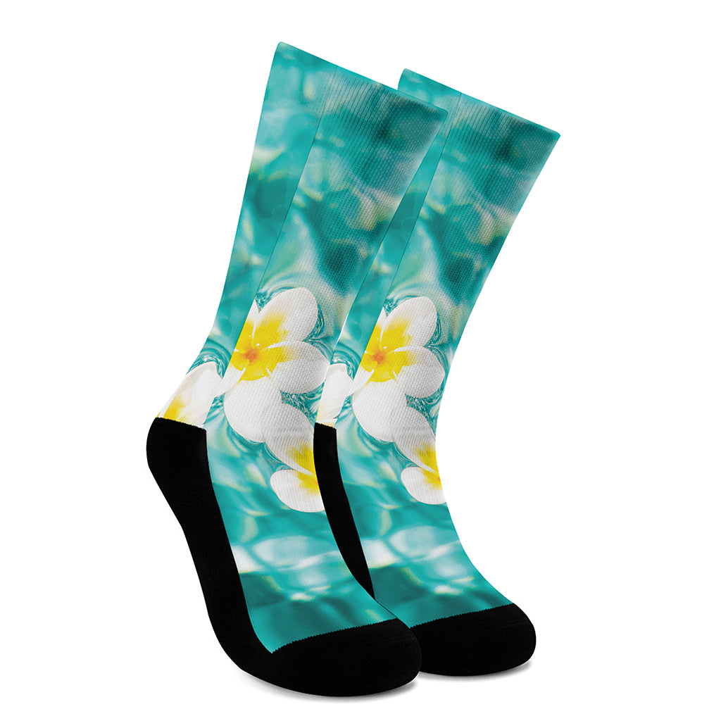 White And Yellow Plumeria In Water Print Crew Socks