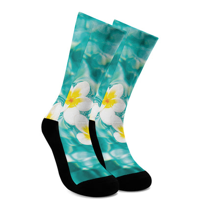White And Yellow Plumeria In Water Print Crew Socks