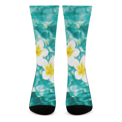 White And Yellow Plumeria In Water Print Crew Socks