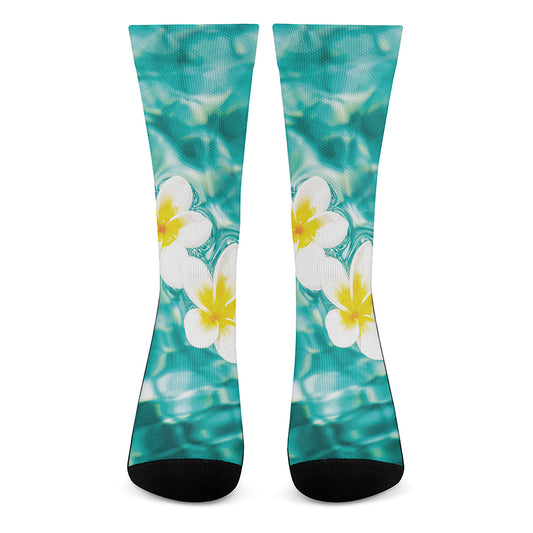 White And Yellow Plumeria In Water Print Crew Socks