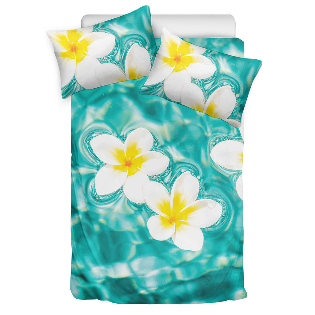 White And Yellow Plumeria In Water Print Duvet Cover Bedding Set