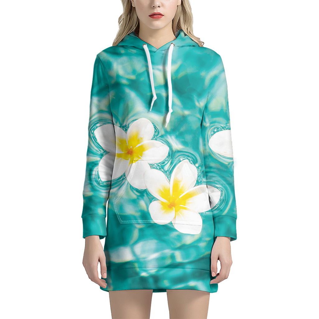 White And Yellow Plumeria In Water Print Hoodie Dress
