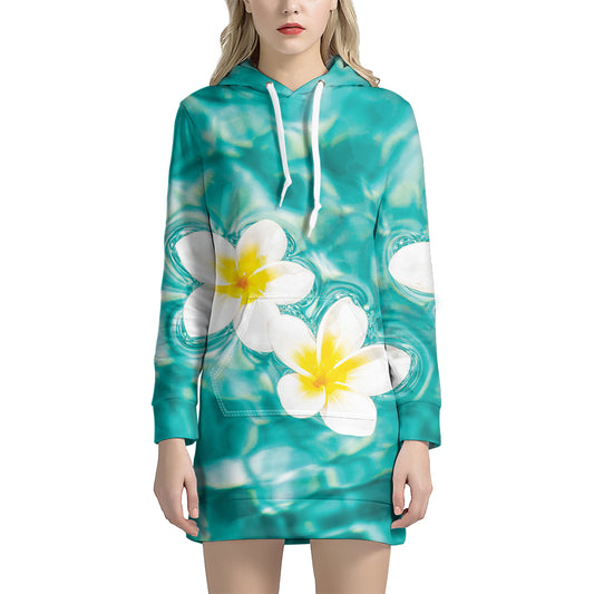White And Yellow Plumeria In Water Print Hoodie Dress