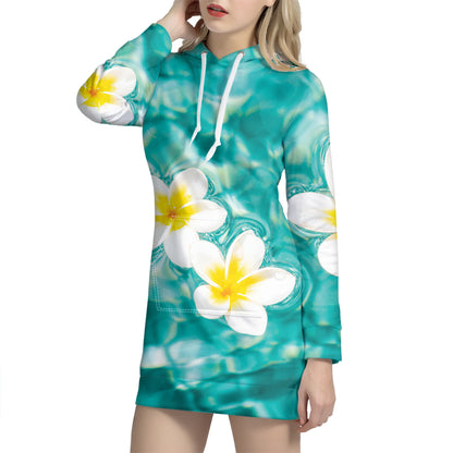 White And Yellow Plumeria In Water Print Hoodie Dress
