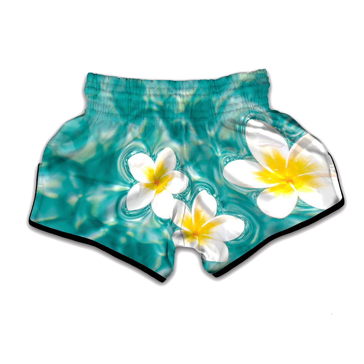 White And Yellow Plumeria In Water Print Muay Thai Boxing Shorts